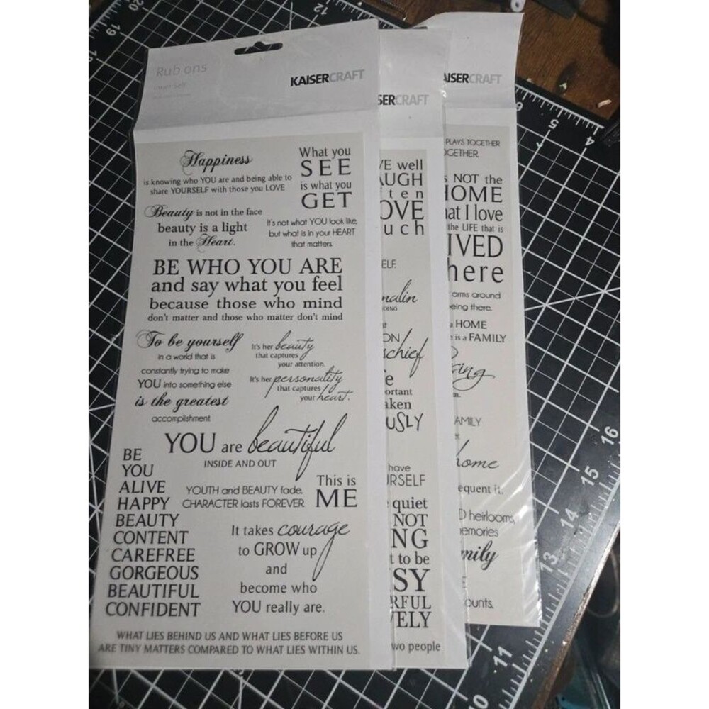 Set of 3 Kaisercraft rub-on transfer sheets featuring assorted inspirational quo